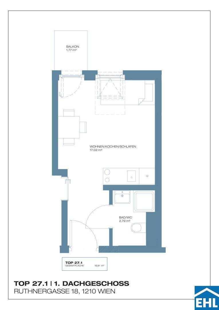 Grundriss eines Dachgeschoss-Apartments mit offenem Wohnbereich und Balkon.