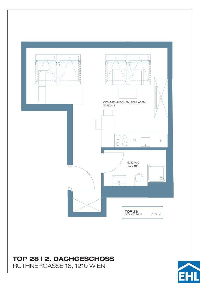 Grundrissplan einer Dachgeschosswohnung mit offenem Wohn-Koch-Schlafbereich und Bad.