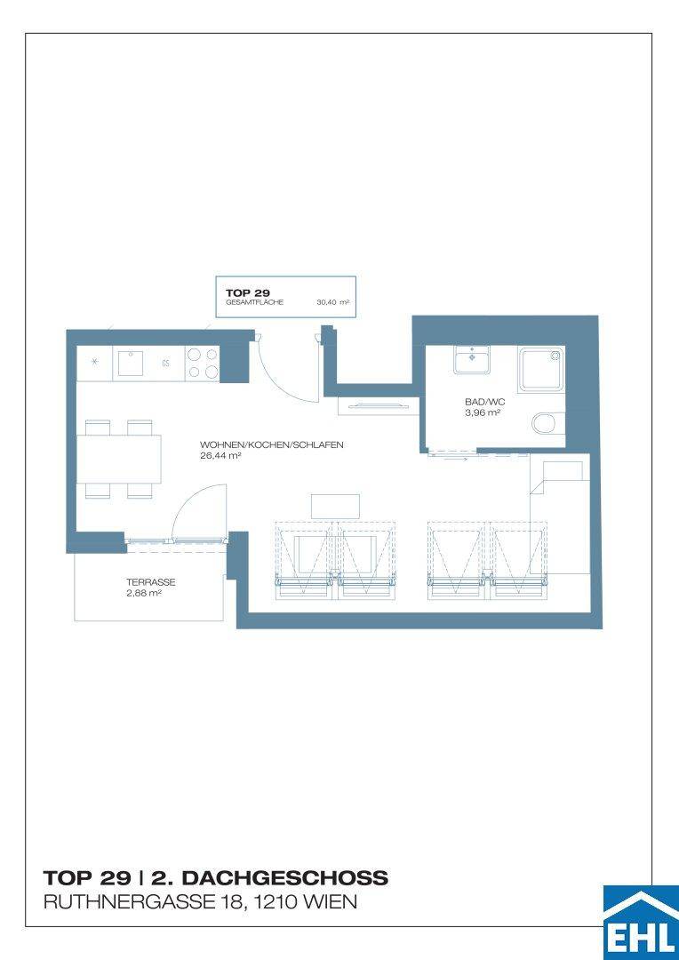 Grundriss von TOP 29 im Dachgeschoss mit Wohn-/Koch-/Schlafbereich, Bad und Terrasse.