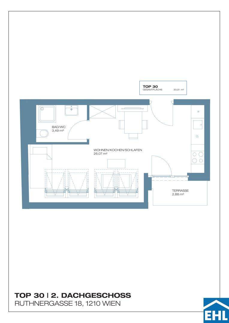 Grundriss einer kompakten Wohnung mit offenem Wohnbereich, Bad und Terrasse.
