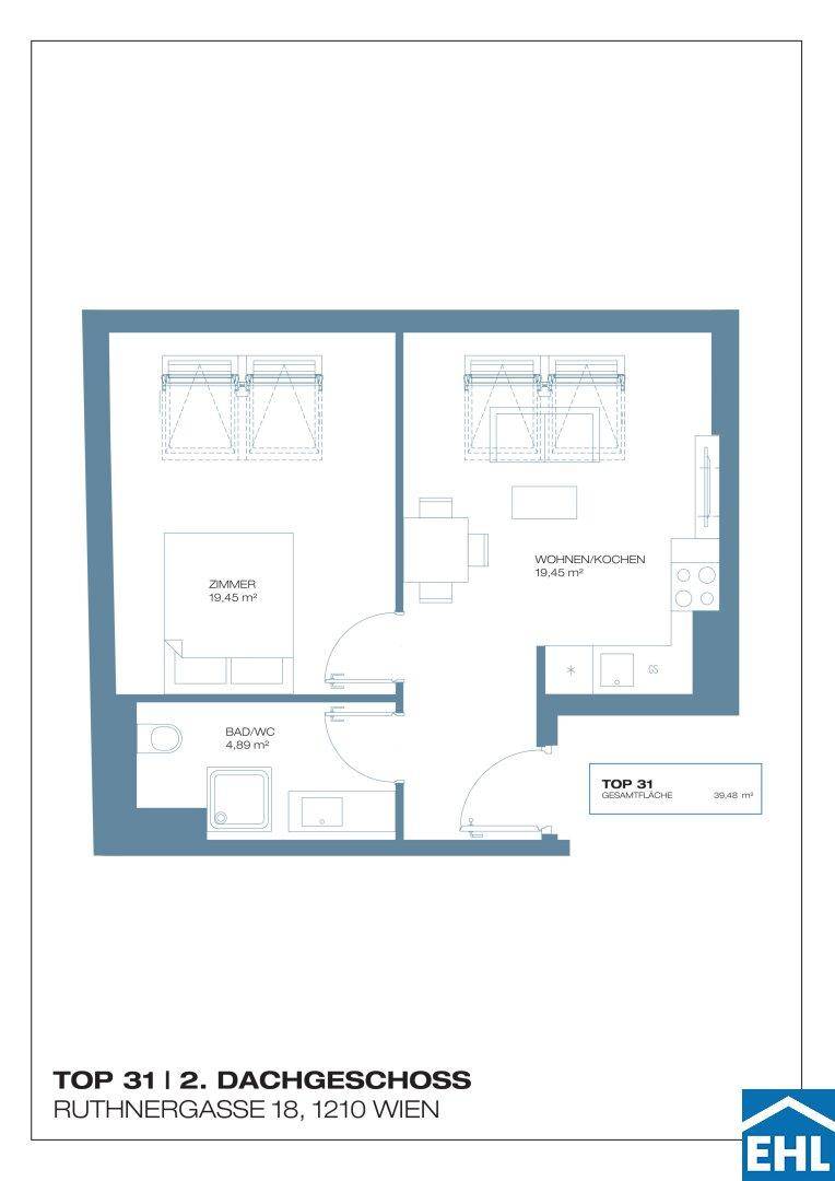 Grundriss der Dachgeschosswohnung TOP 31 mit einem Schlafzimmer und offenem Wohn-Kochbereich.
