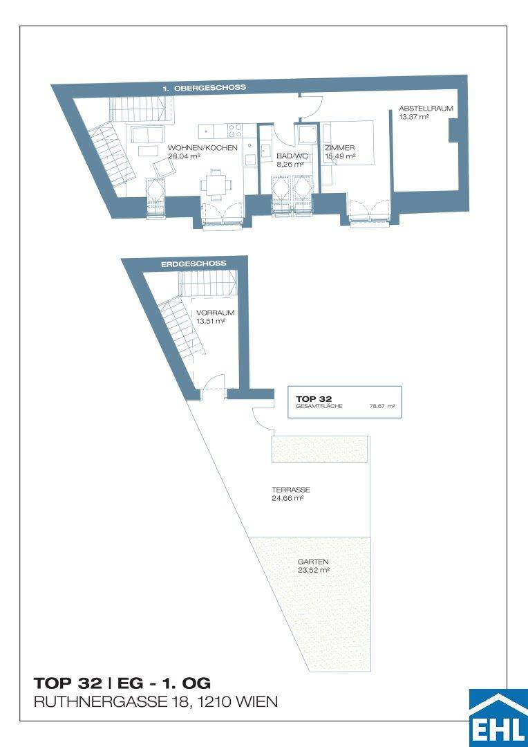 Grundriss von TOP 32 über zwei Etagen mit Wohnküche, Schlafzimmer, Bad, Abstellraum, Terrasse und Garten.