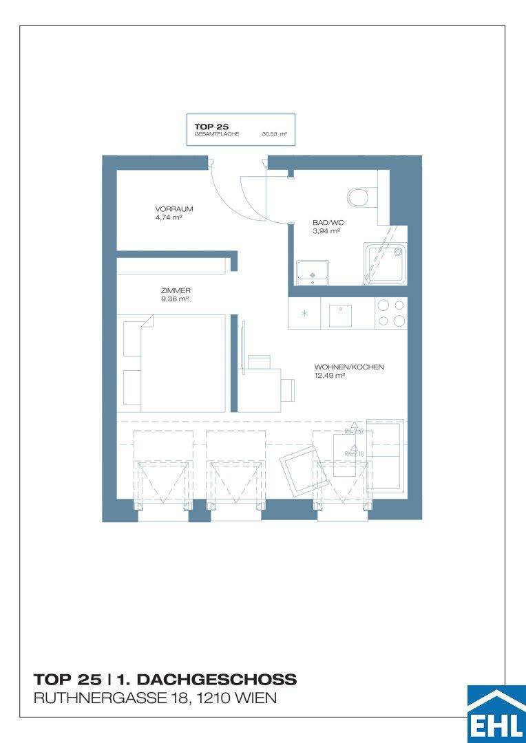 Grundriss der Wohnung TOP 25 im 1. Dachgeschoss mit Wohnküche und Bad/WC.
