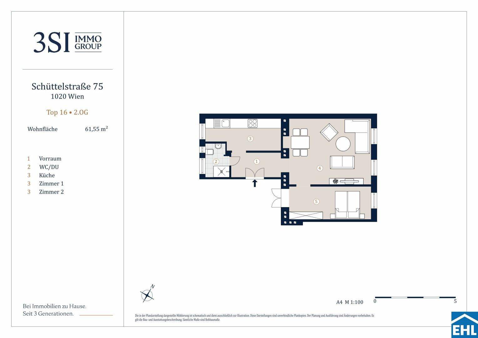 Grundriss der Wohnung Top 16 mit 61,55 m² Wohnfläche und zwei Zimmern.