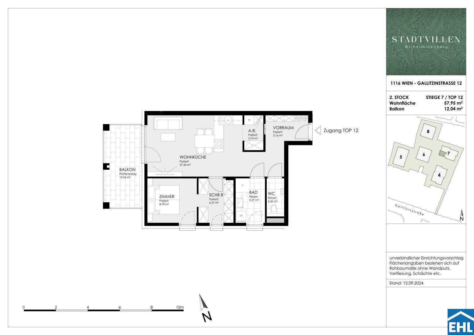 Grundriss einer Wohnung mit Wohnküche, Schlafzimmer, Bad und Balkon.