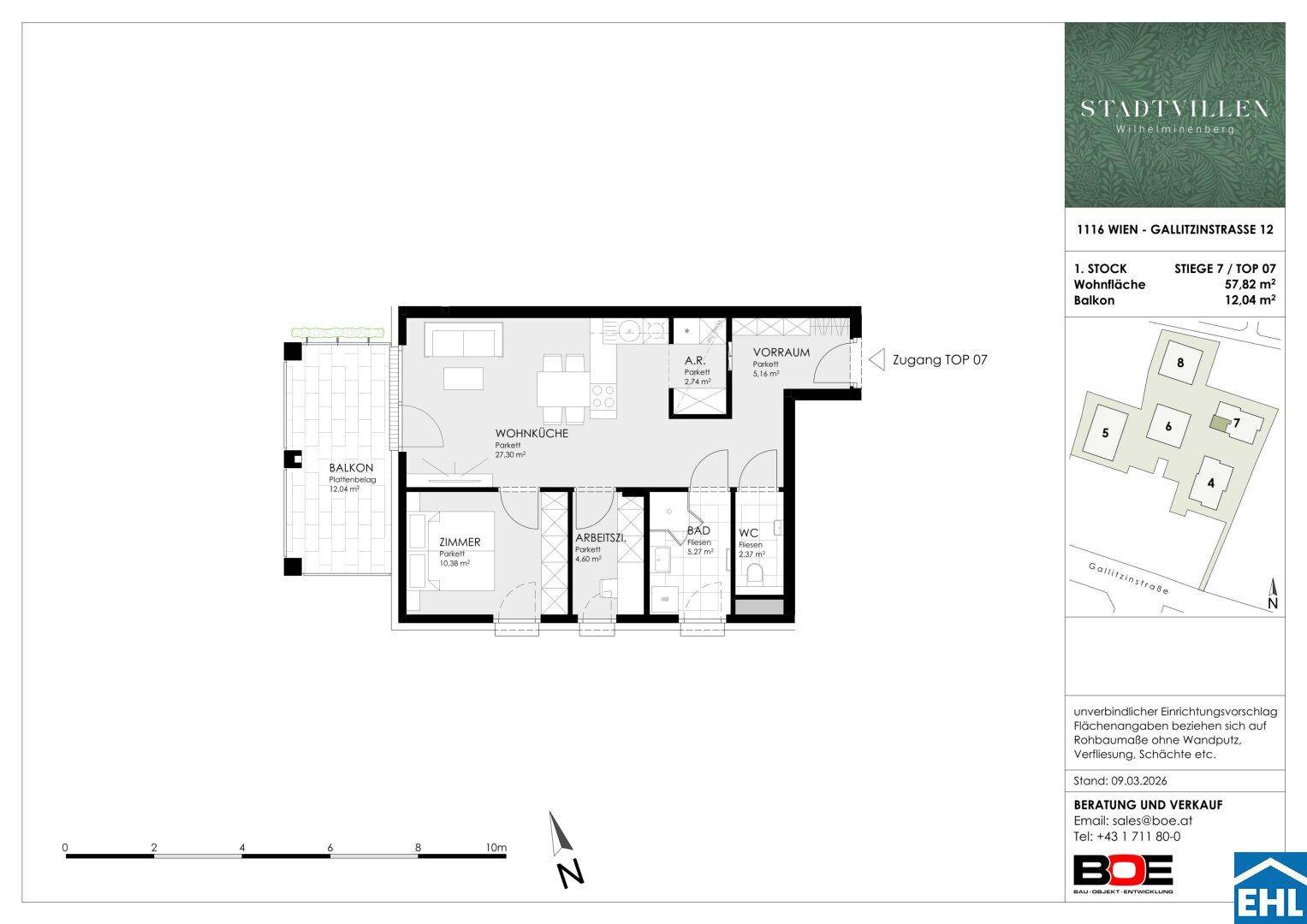 Grundriss einer Wohnung mit Wohnküche, Schlafzimmer, Arbeitszimmer und Balkon.