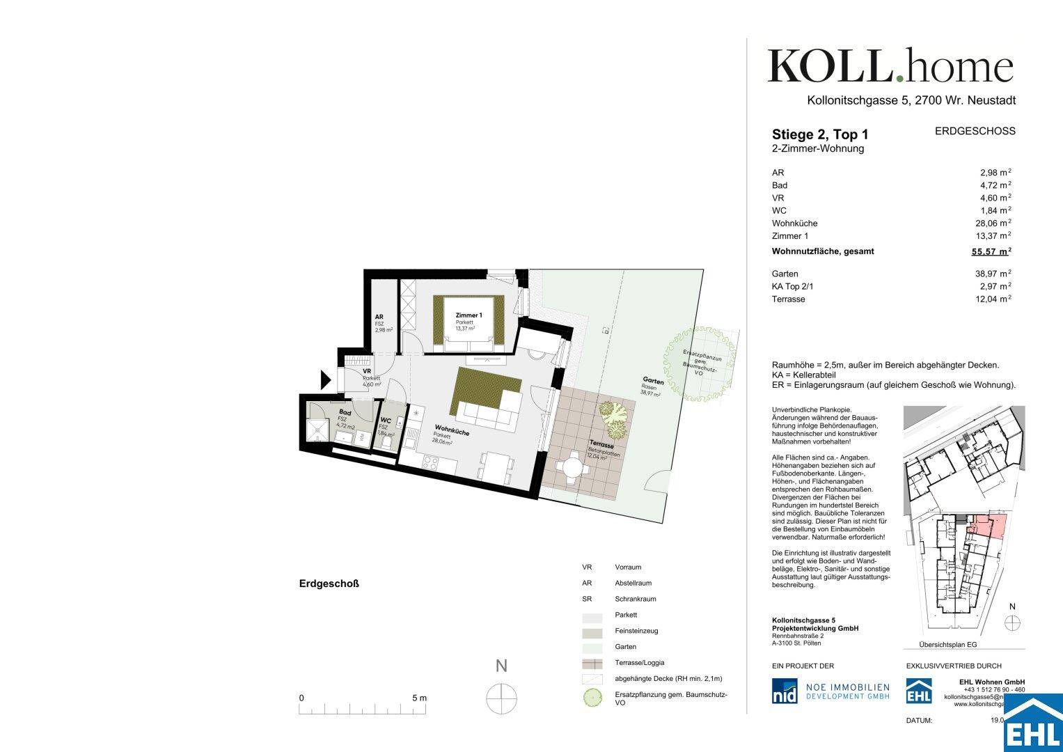 Grundriss einer 2-Zimmer-Wohnung im Erdgeschoss mit Terrasse und Gartenanteil.