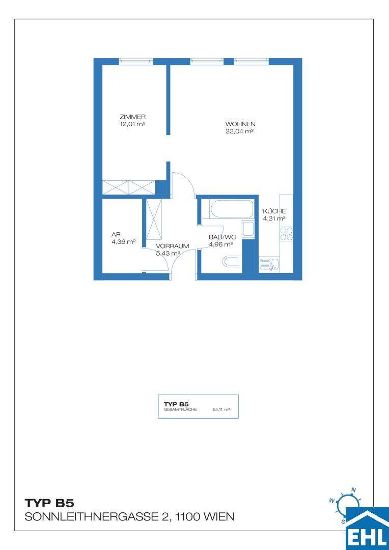 Grundriss der Wohnung Typ B5 zeigt Zimmer, Wohnen, Küche und Bad/WC mit Balkon.