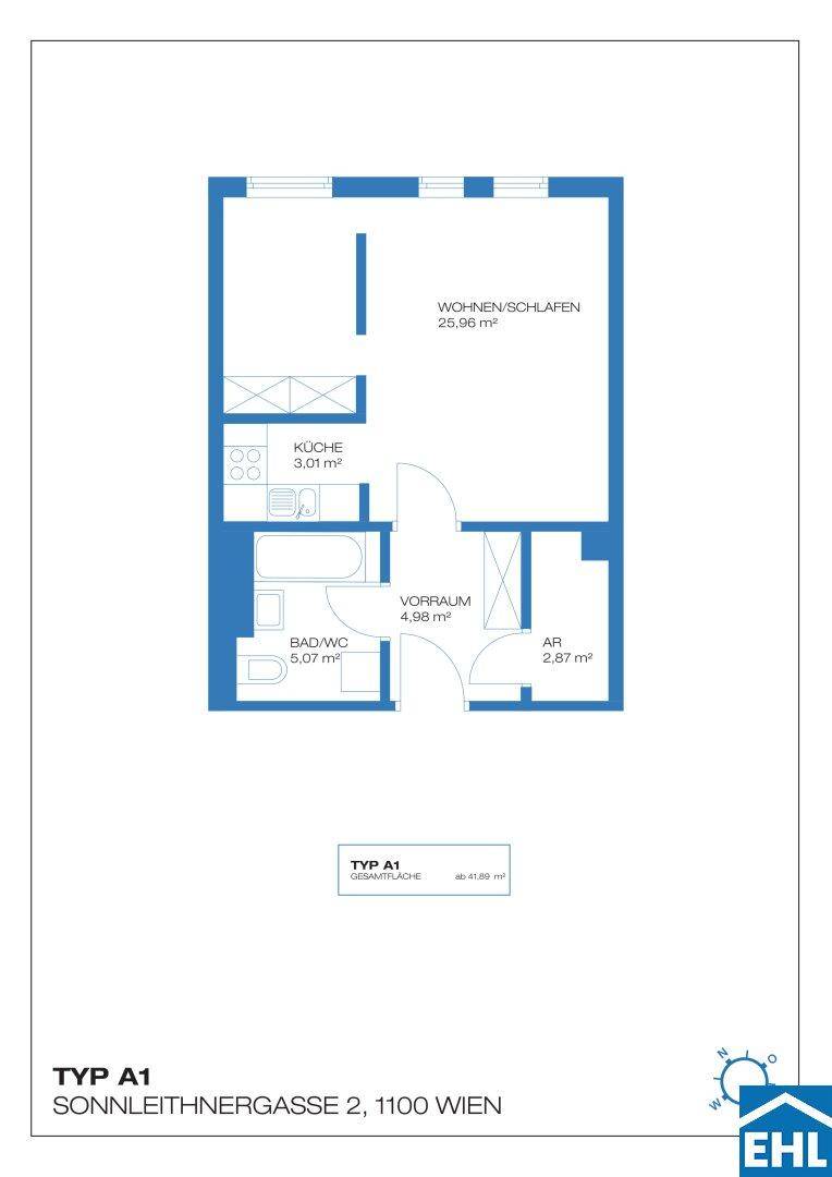 Grundriss Typ A1 mit Wohn-/Schlafbereich, Küche, Bad/WC und Vorraum.