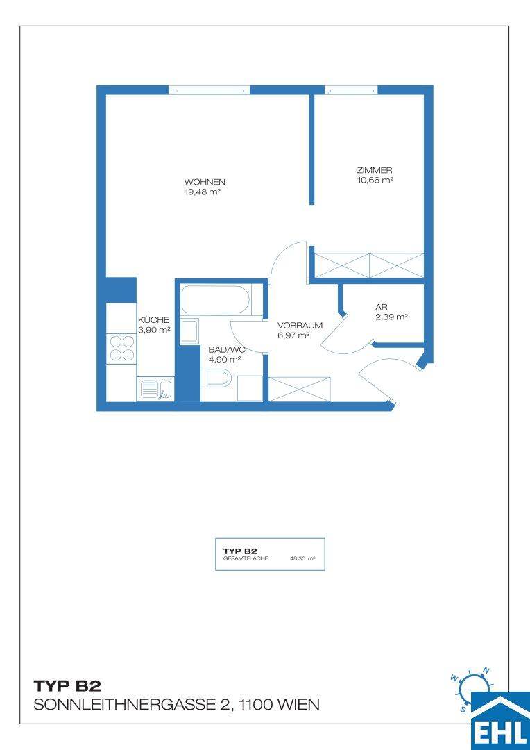 Grundriss Typ B2 mit Wohnzimmer, Zimmer, Küche, Bad/WC und Abstellraum.