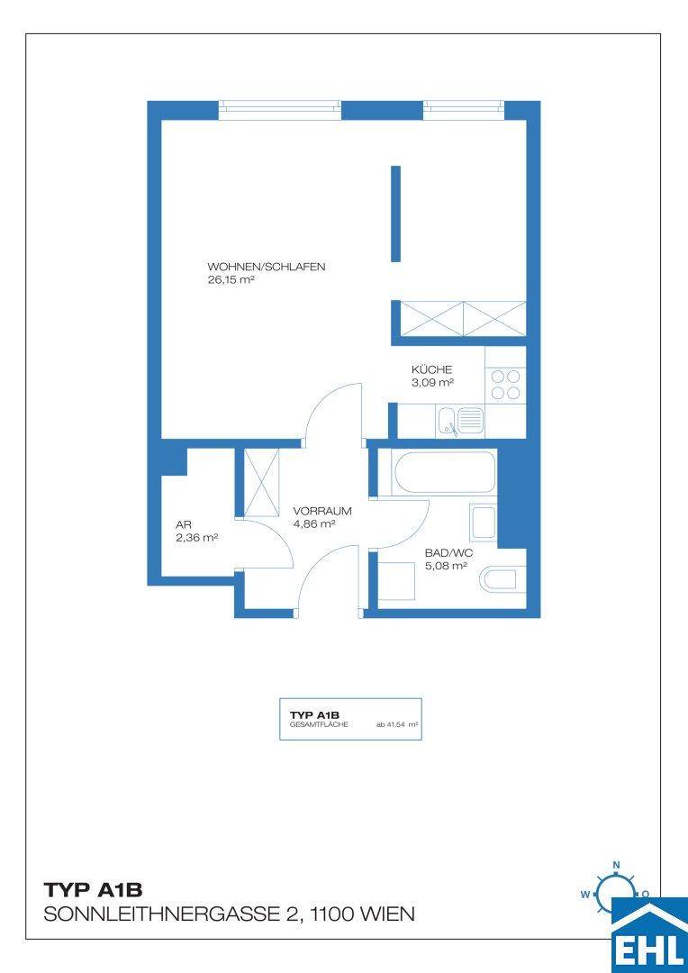 Grundriss der Wohnung Typ A1B mit Wohn-/Schlafbereich, Küche und Bad/WC.