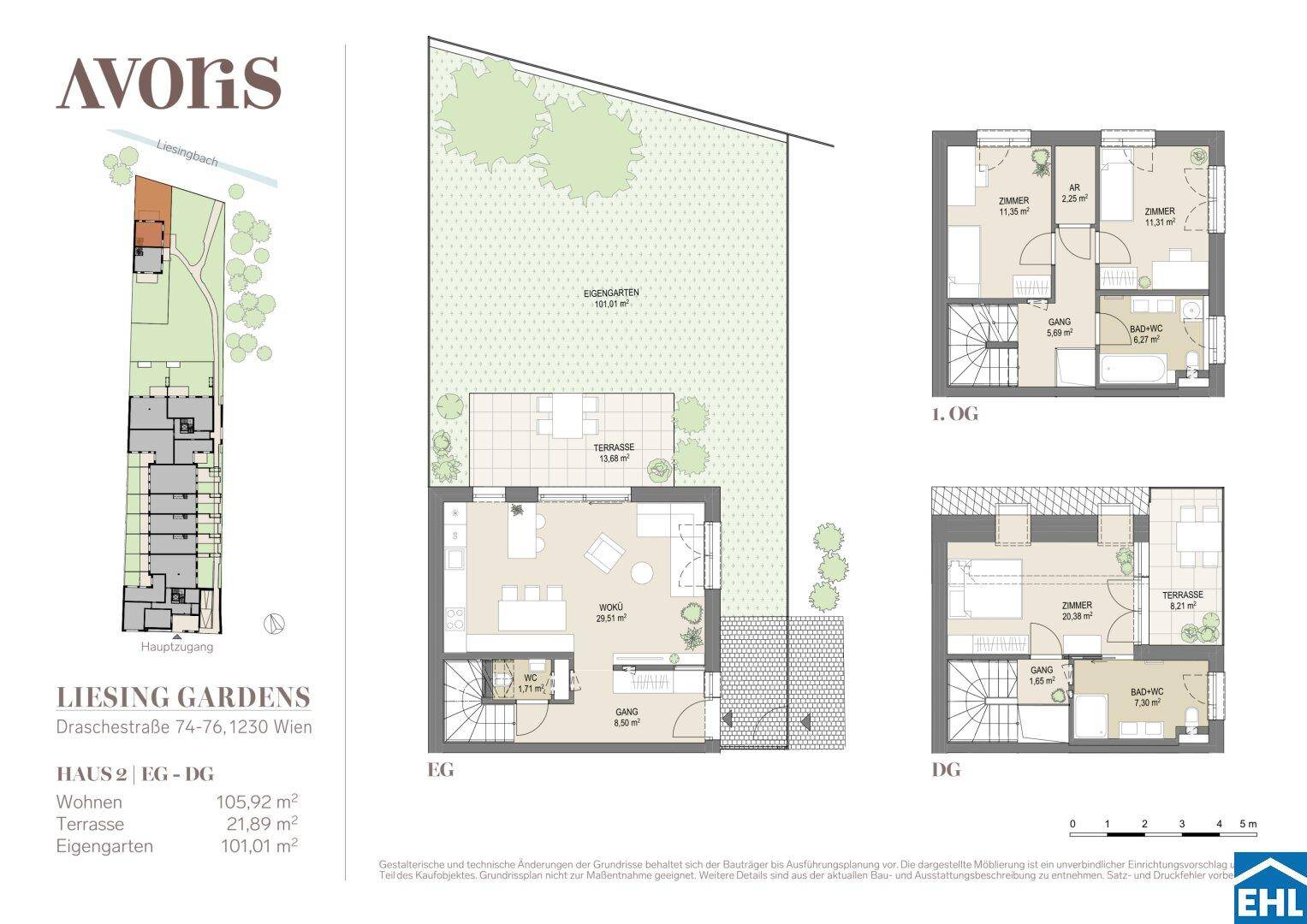 Detaillierter Grundriss eines dreistöckigen Hauses mit offenem Wohnbereich, privatem Garten und mehreren Terrassen.