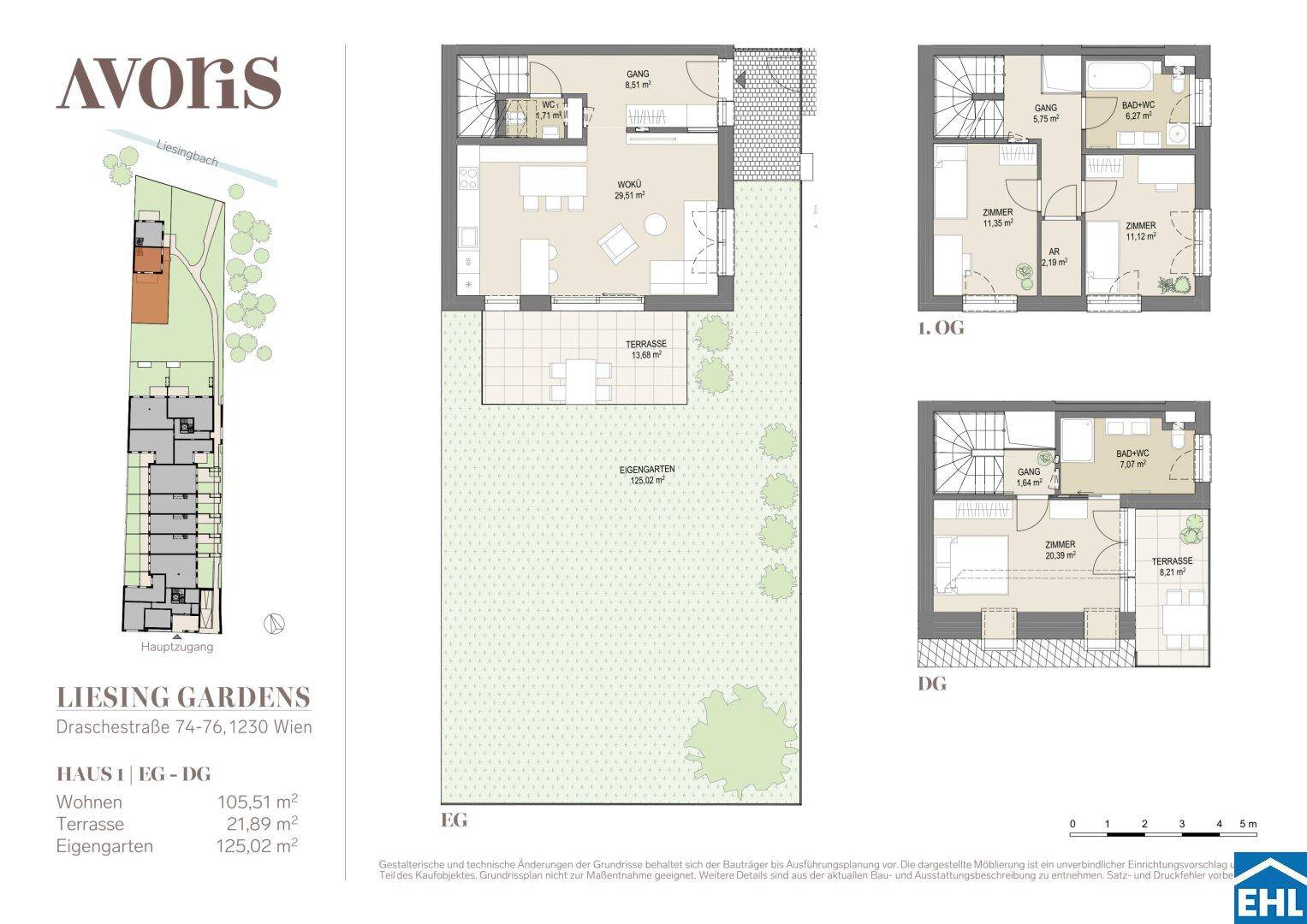 Detaillierter Grundriss über drei Etagen mit privatem Garten, Terrasse und Balkon.