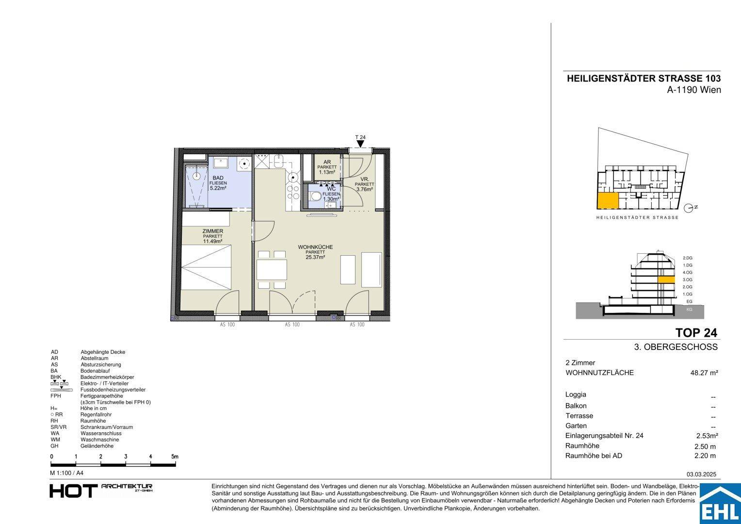 Grundriss einer 2-Zimmer-Wohnung im 3. Obergeschoss mit offener Wohnküche, Loggia und separatem Abstellraum.