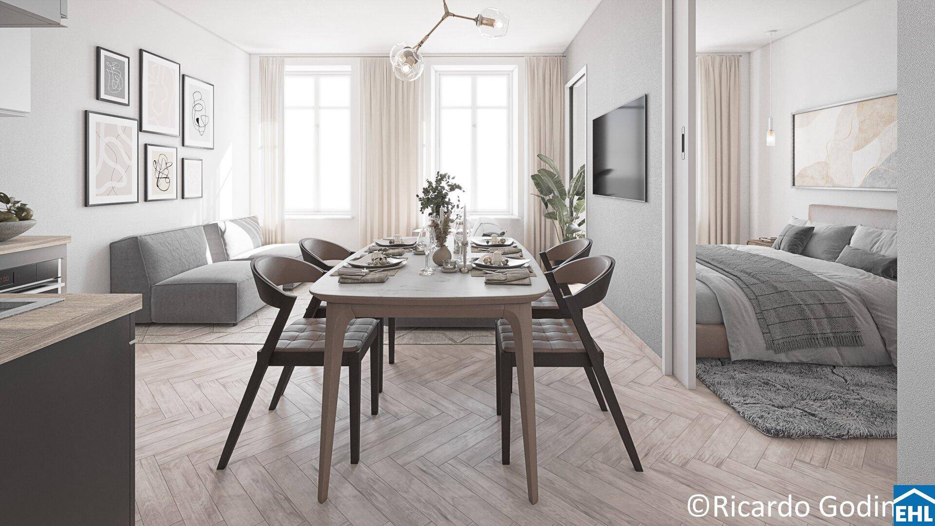 Heller Essbereich mit Holztisch und Parkettboden, offen zum Wohnzimmer und angrenzendem Schlafzimmer.