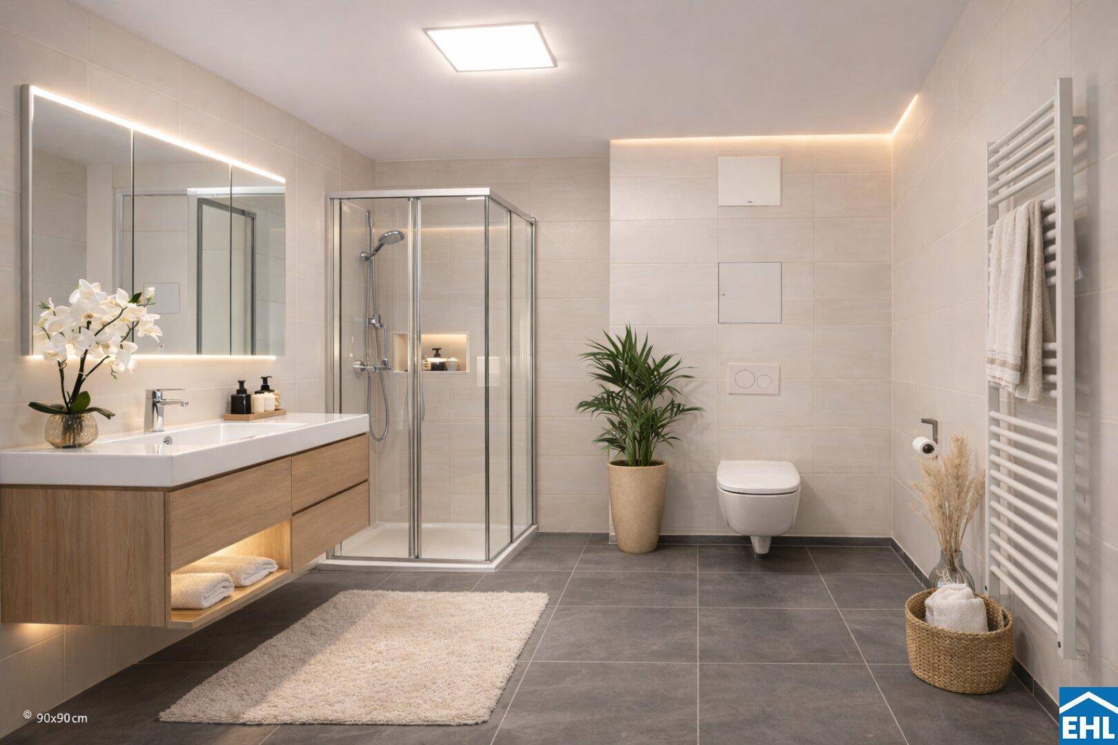 Modernes Badezimmer mit ebenerdiger Dusche, Doppelwaschbecken und beheiztem Handtuchhalter.