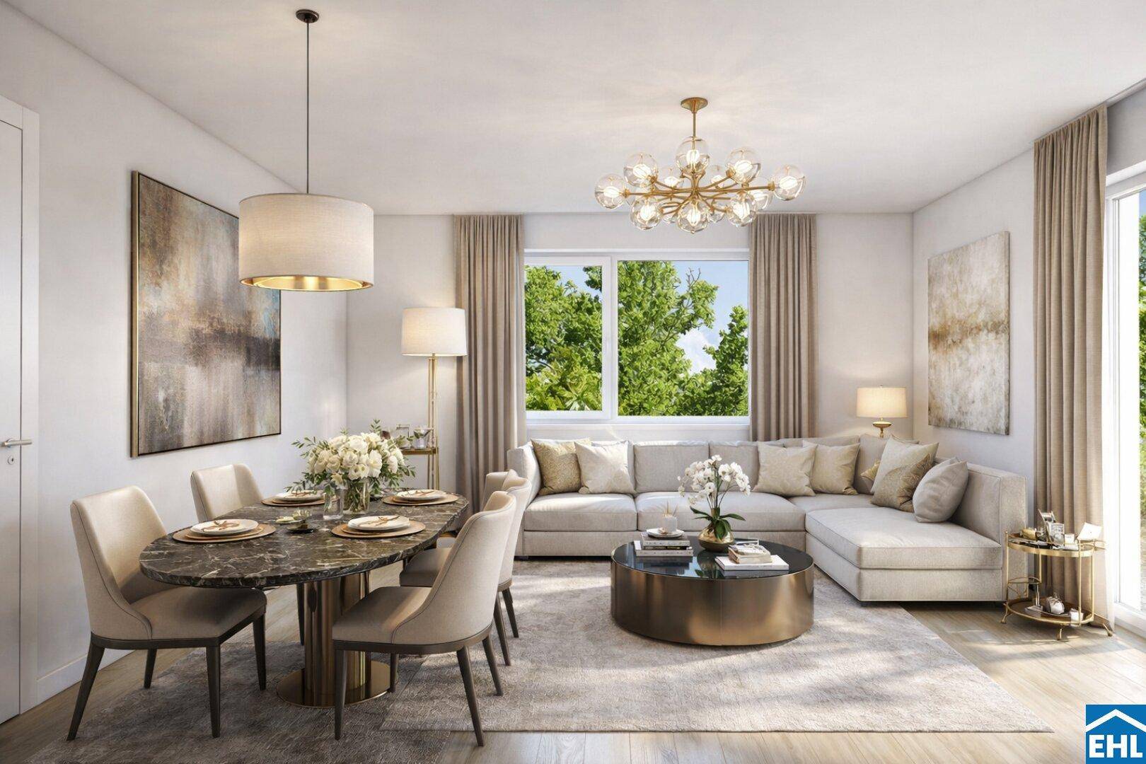 Eleganter Wohn-Essbereich mit modernem Esstisch, beigem Sofa und Blick ins Grüne.