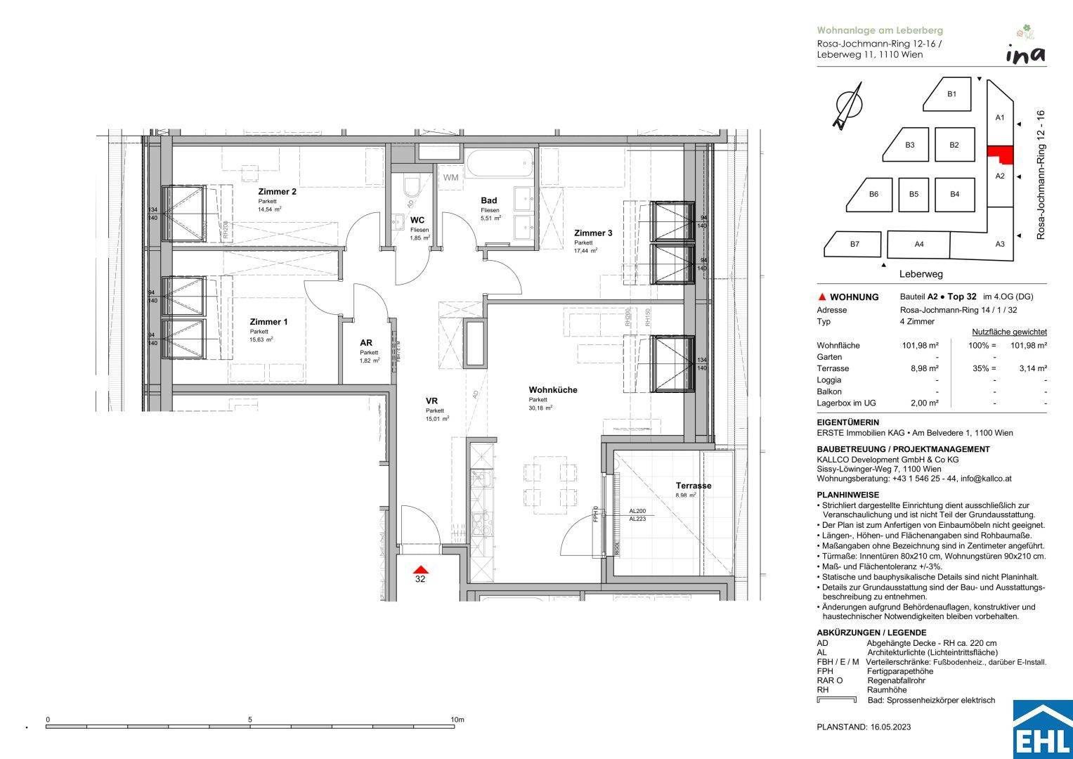 Detaillierter Grundriss einer 4-Zimmer-Wohnung mit Wohnküche, Bad, WC und Terrasse.
