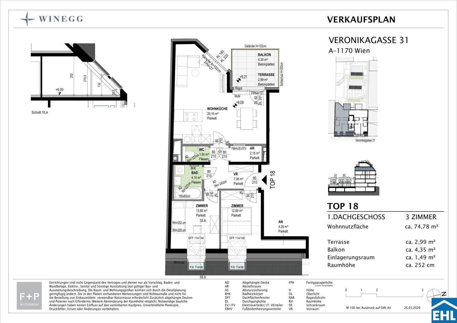 Grundrissplan einer Dachgeschosswohnung mit offener Wohnküche, zwei Zimmern, Bad, WC, Balkon und Terrasse.