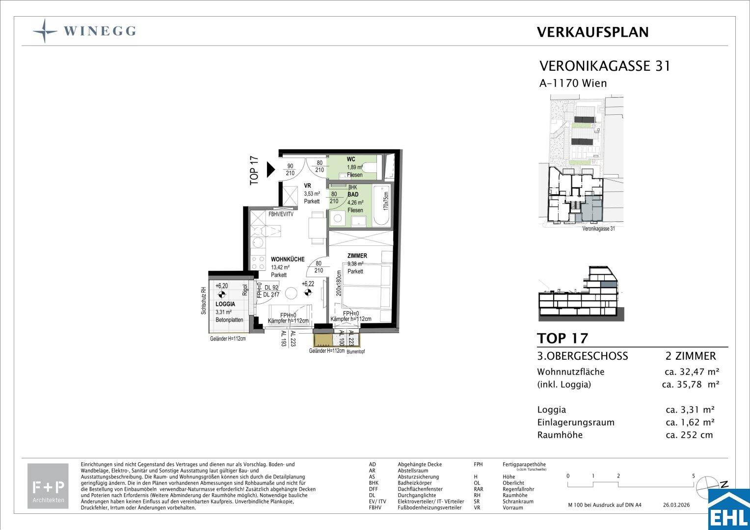 Grundriss einer 2-Zimmer-Wohnung mit offener Wohnküche, Loggia und separatem WC.