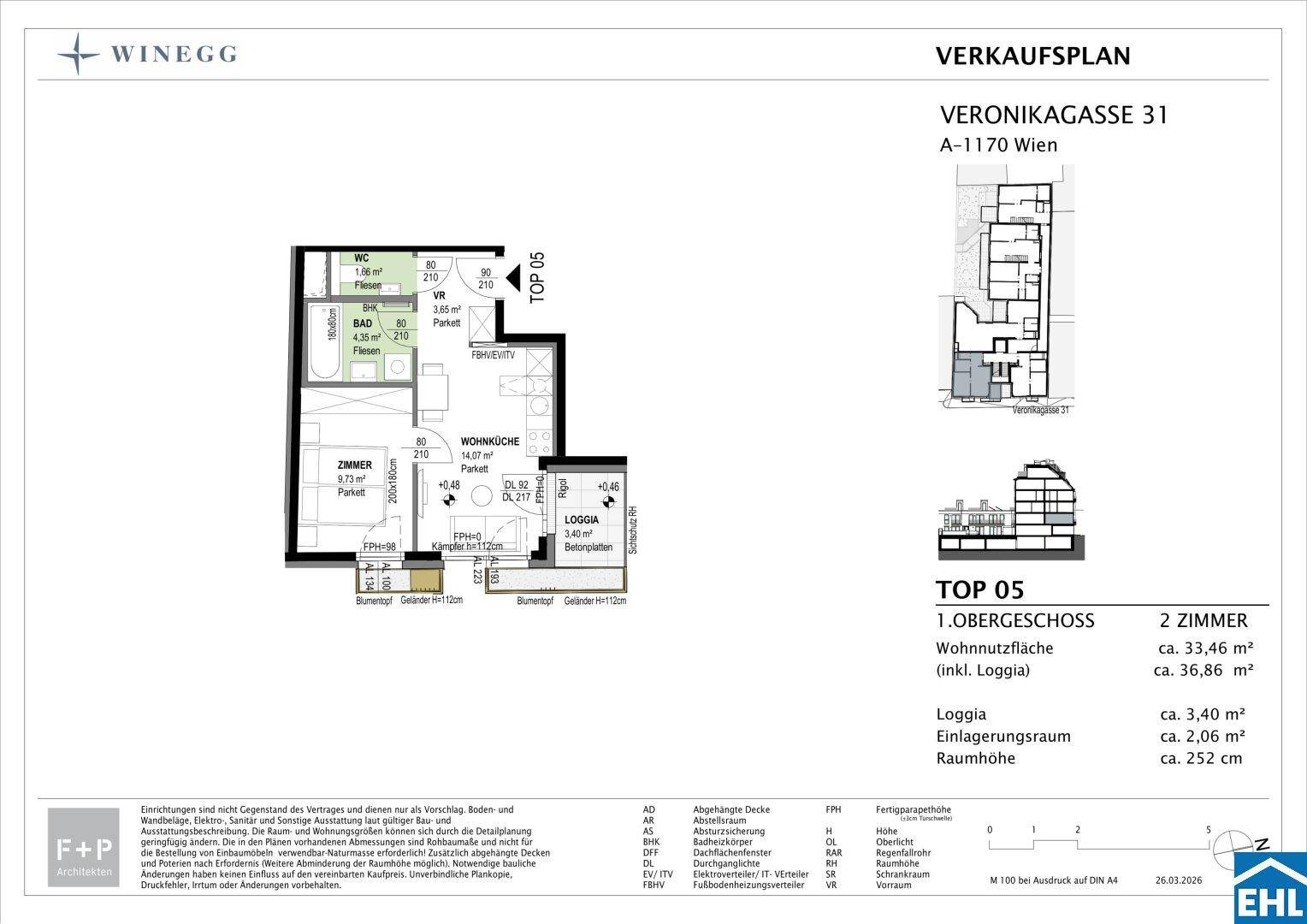 Detaillierter Grundriss einer 2-Zimmer-Wohnung mit offener Wohnküche, Loggia, separatem WC und Fußbodenheizung.