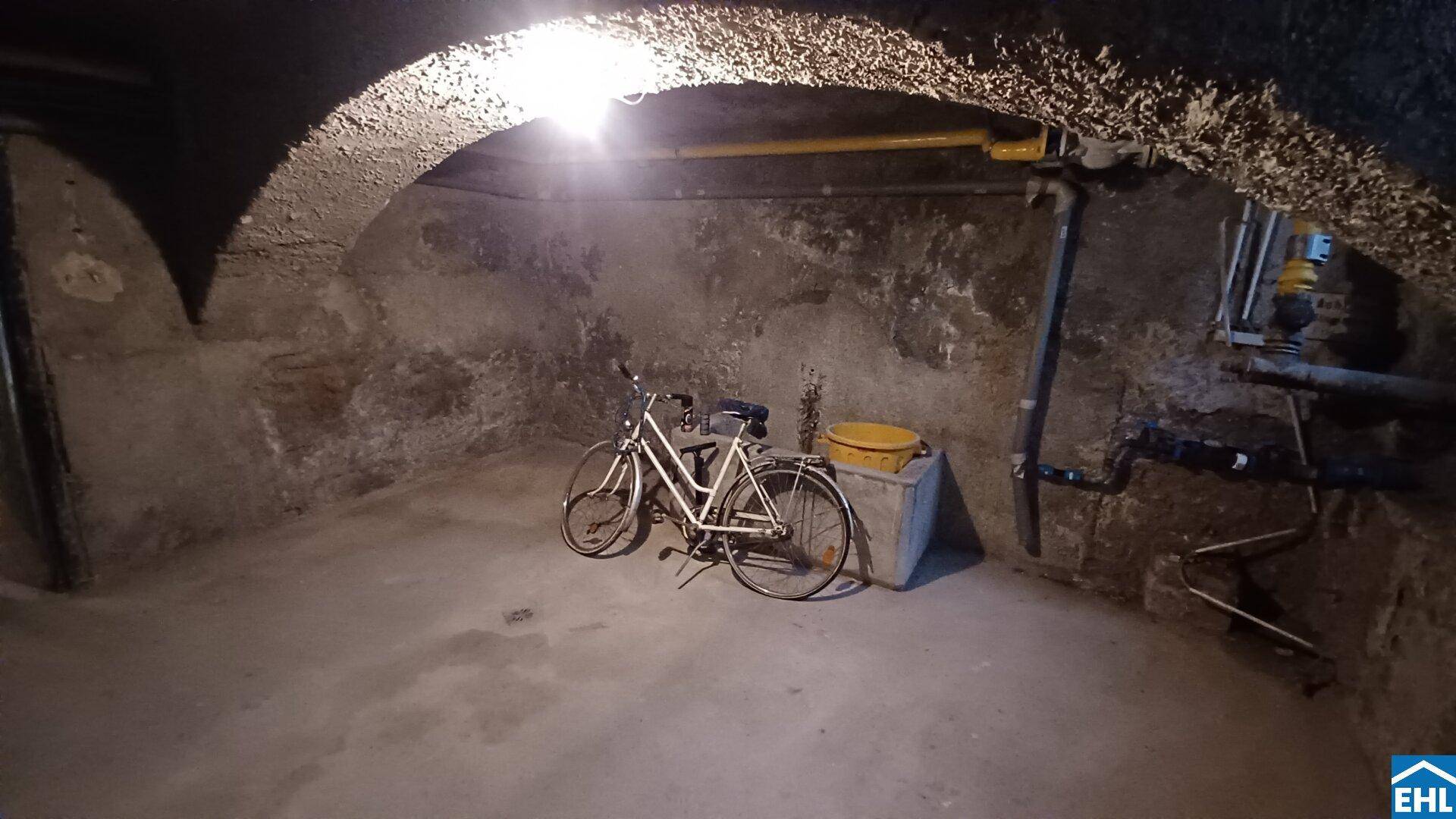 Geräumiger Keller mit rustikaler Gewölbedecke, Betonboden und einer einzelnen Glühbirne als Beleuchtung.