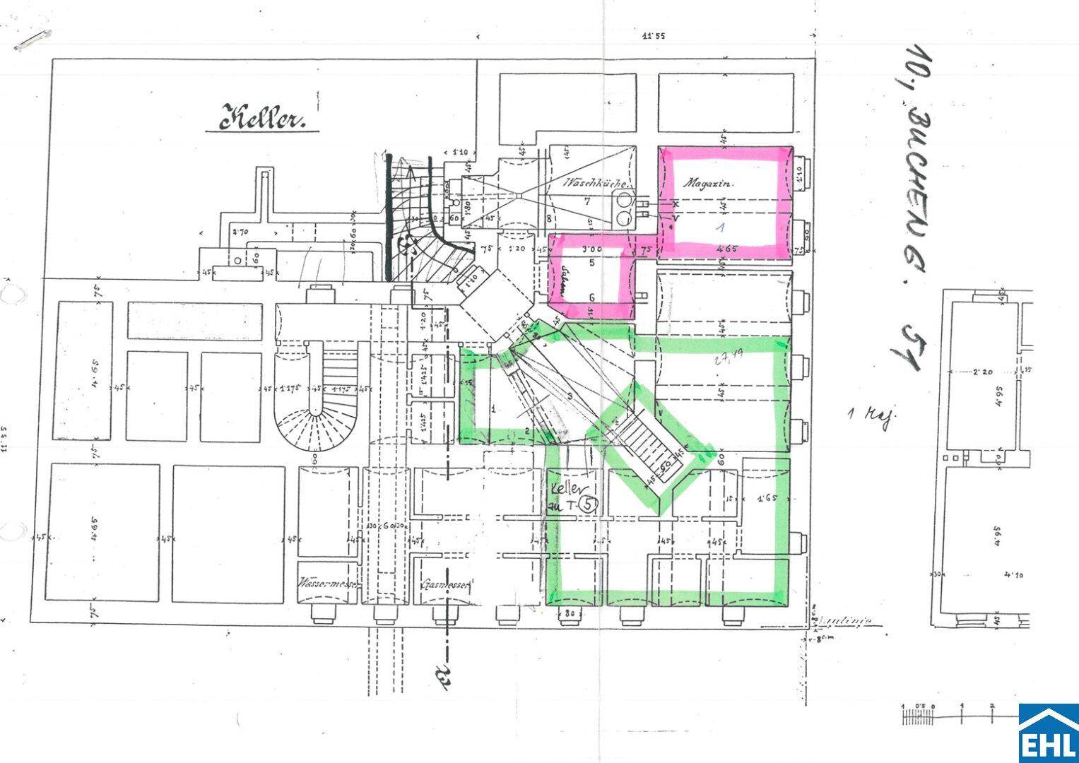 Historischer Grundriss mit hervorgehobenen Bereichen und Kellerraum.