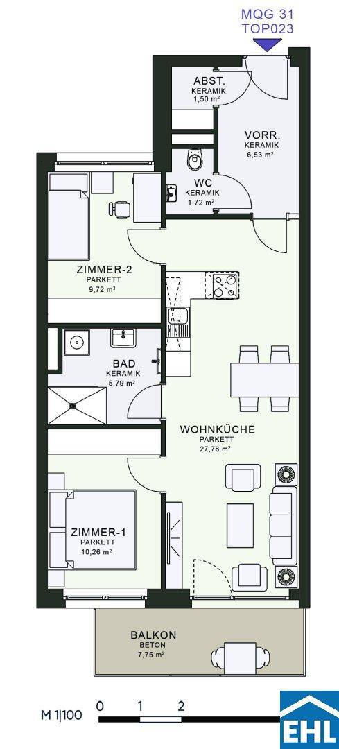Grundriss einer Wohnung mit zwei Schlafzimmern, offener Wohnküche und Balkon.