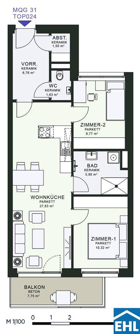 Grundriss einer Wohnung mit zwei Schlafzimmern, Wohnküche und Balkon.