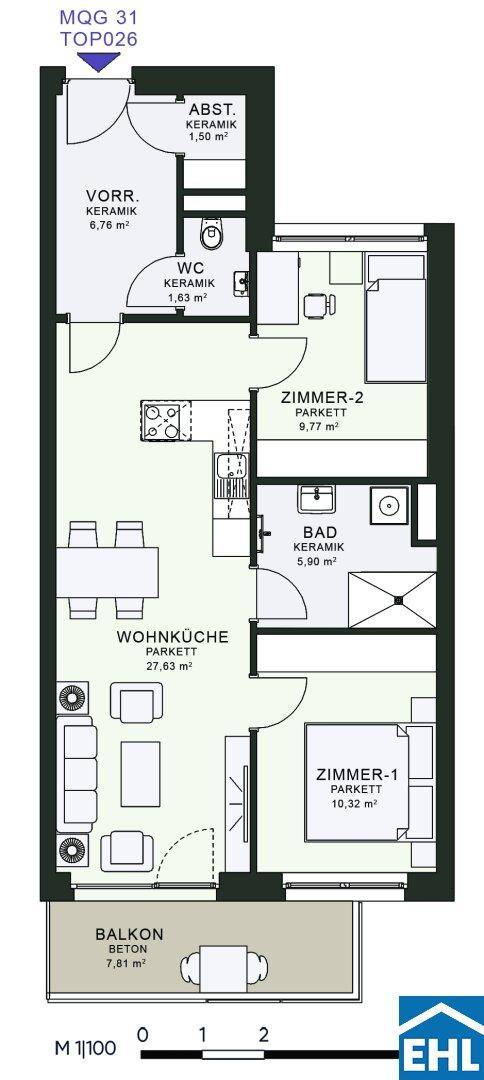 Grundriss einer Wohnung mit zwei Zimmern, Wohnküche, Bad und Balkon.