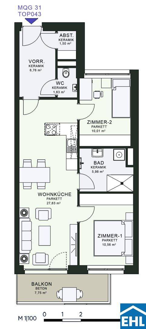 Grundriss einer Wohnung mit zwei Schlafzimmern, Wohnküche und Balkon.