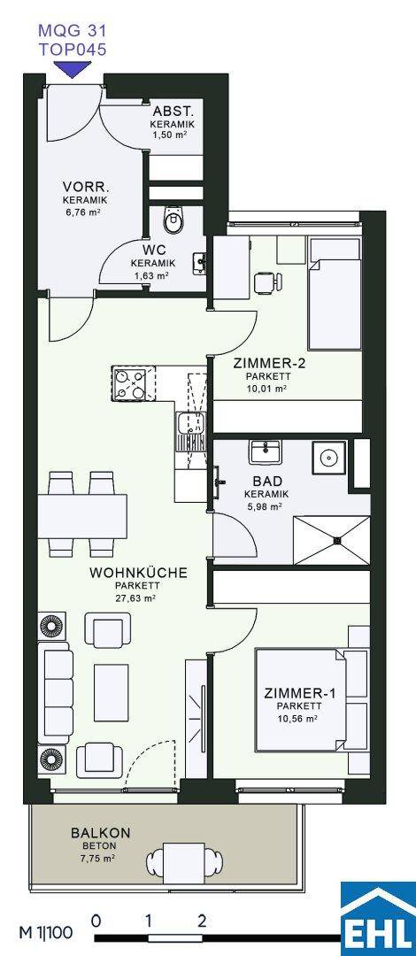 Grundriss einer Wohnung mit Wohnküche, zwei Zimmern, Bad, WC und Balkon.