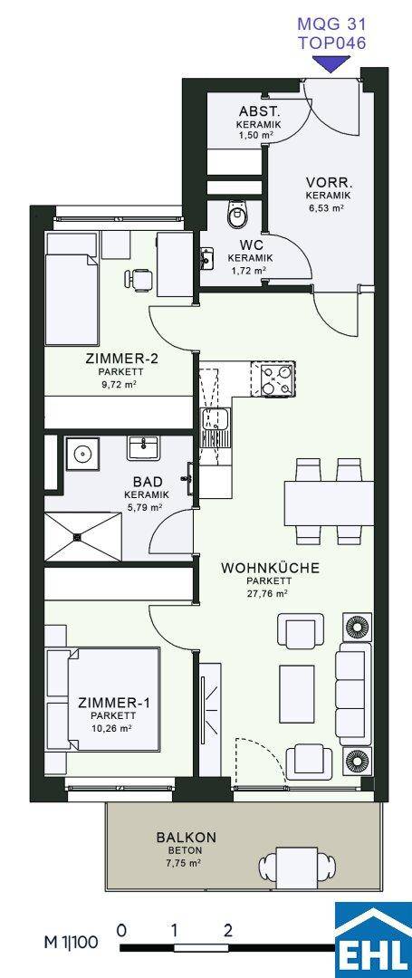 Grundriss einer Wohnung mit zwei Zimmern, Wohnküche, Bad, WC und Balkon.