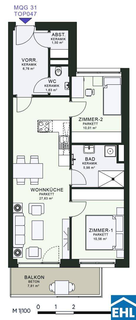 Detaillierter Grundriss einer Wohnung mit drei Zimmern, Balkon und separatem WC.