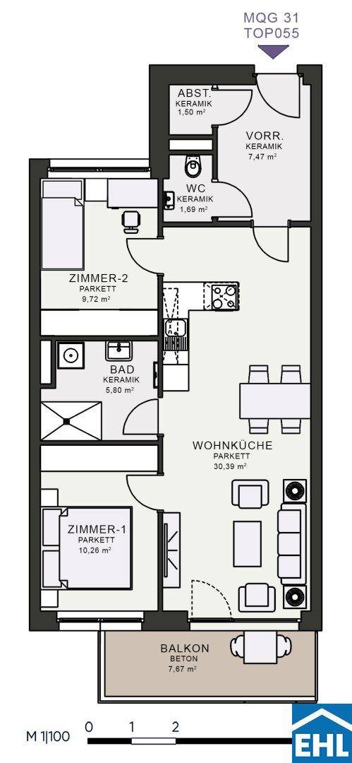 Grundriss einer Wohnung mit zwei Schlafzimmern, Wohnküche, Bad, WC und Balkon.