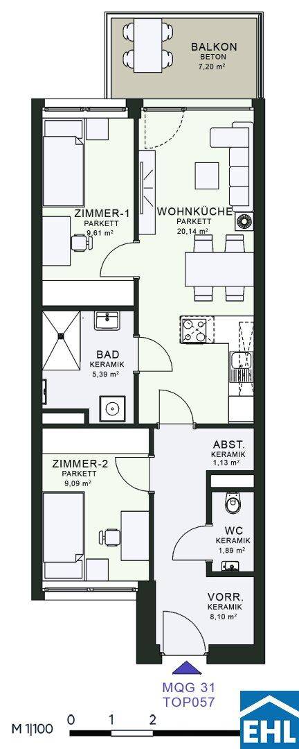 Grundriss einer Wohnung mit zwei Zimmern, Wohnküche, Bad, WC und Balkon.