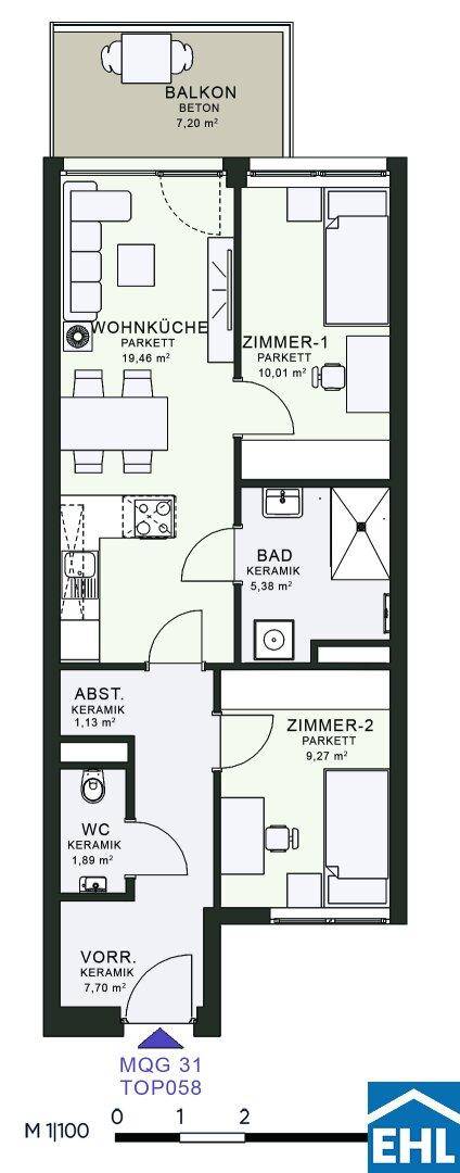 Grundriss einer Wohnung mit zwei Schlafzimmern, offener Wohnküche und Balkon.