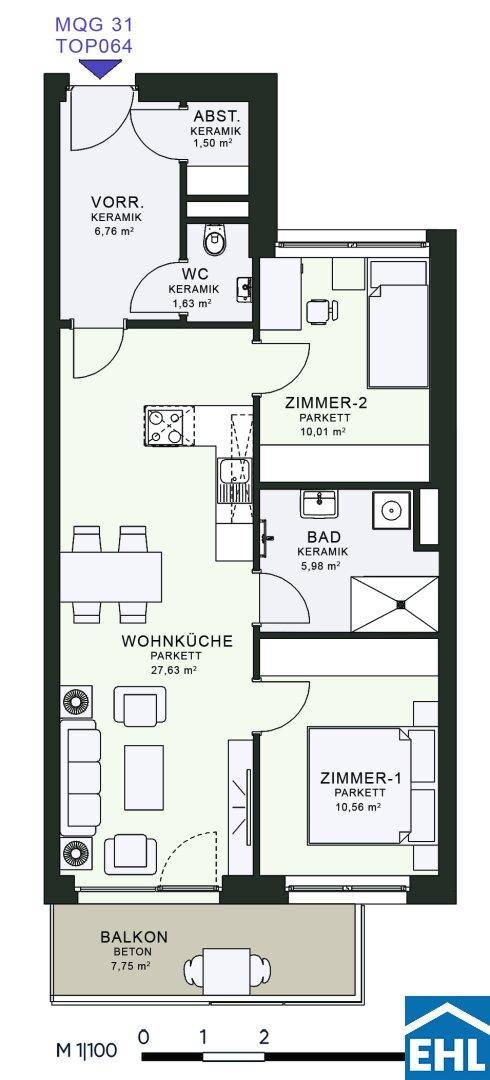 Grundriss einer Wohnung mit zwei Zimmern, Wohnküche und Balkon.