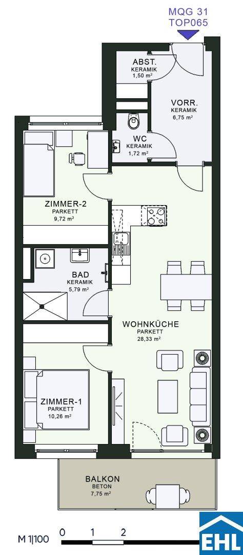 Grundriss einer Wohnung mit zwei Schlafzimmern, Wohnküche und Balkon.