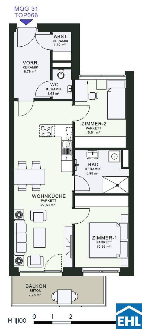 Grundriss einer Wohnung mit zwei Zimmern, Wohnküche, Bad und Balkon.