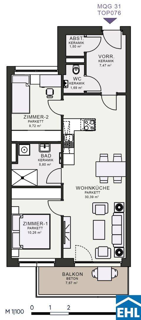 Grundriss einer Wohnung mit zwei Schlafzimmern, Wohnküche und Balkon.