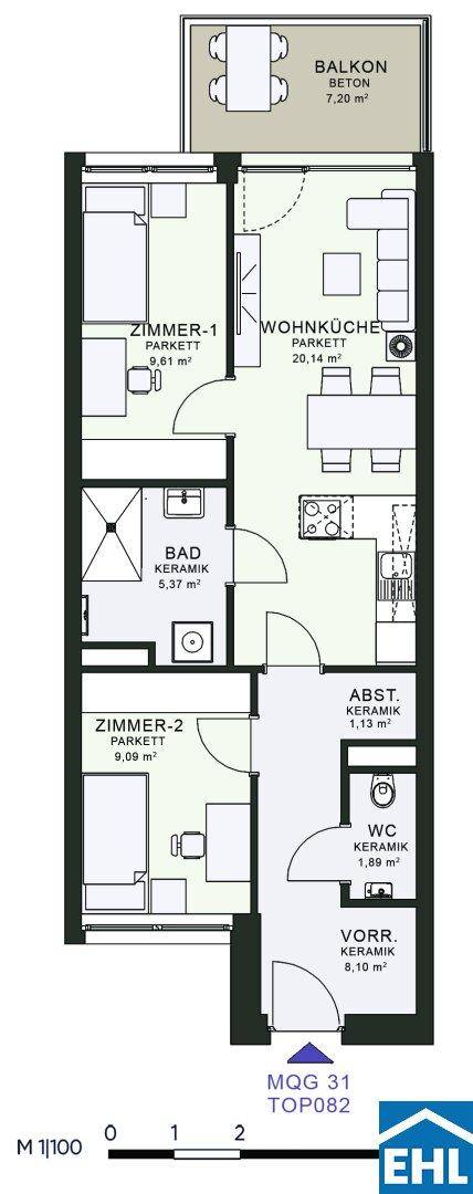 Grundriss einer Wohnung mit zwei Zimmern, Wohnküche, Bad und Balkon.