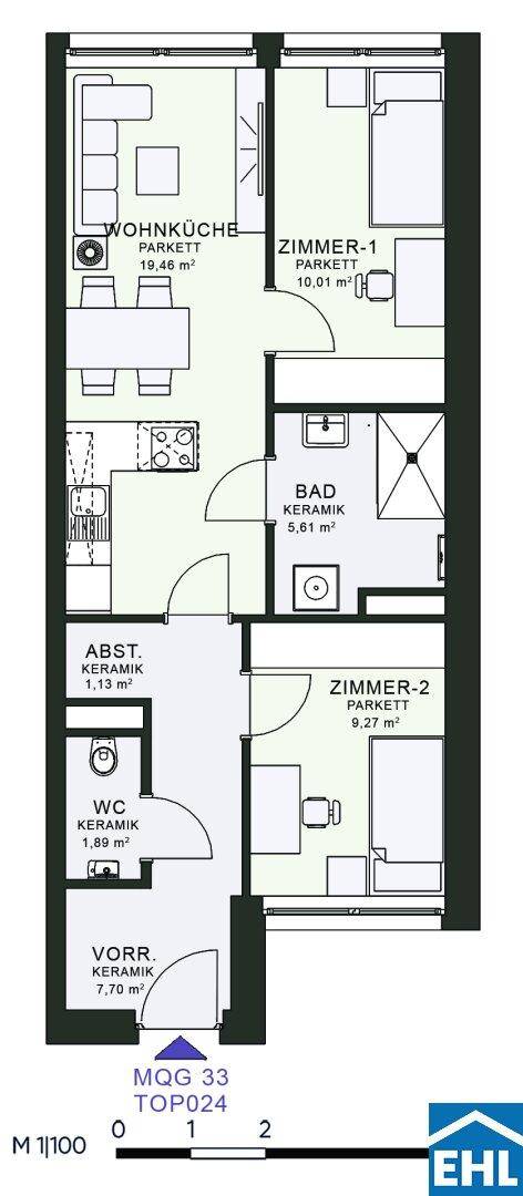 Grundriss einer Wohnung mit Wohnküche, zwei Zimmern und Bad.