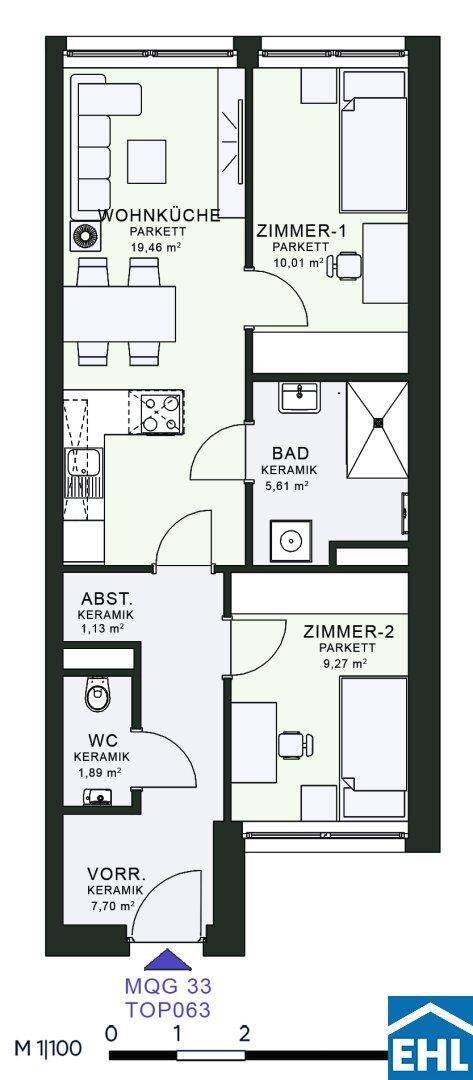 Grundriss einer Wohnung mit Wohnküche, zwei Zimmern und separatem WC.