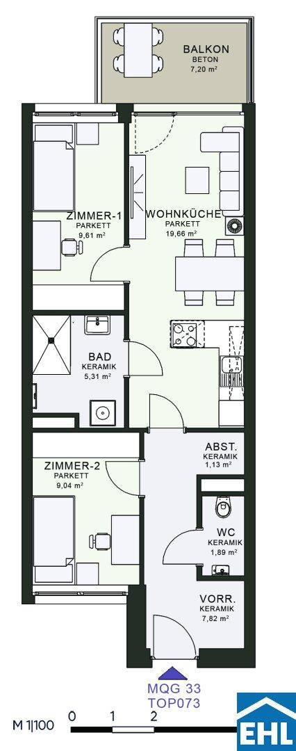 Detaillierter Grundriss einer Wohnung mit Wohnküche, zwei Zimmern und Balkon.
