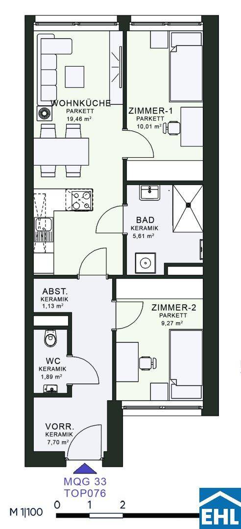 Grundriss einer Wohnung mit Wohnküche, zwei Zimmern, Bad und separatem WC.