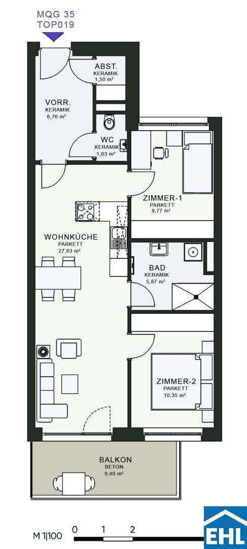 Grundriss einer Wohnung mit zwei Zimmern, Wohnküche und Balkon.
