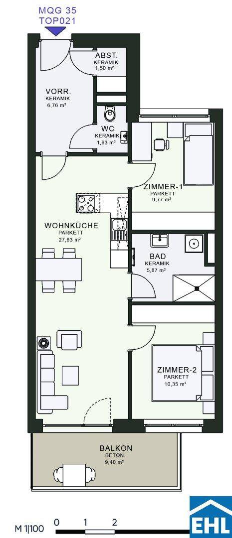 Detaillierter Grundriss der Wohnung mit Wohnküche, zwei Zimmern und Balkon.