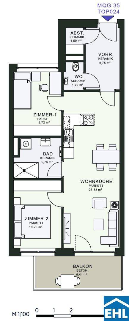 Grundriss einer Wohnung mit zwei Zimmern, Wohnküche, Bad, WC und Balkon.