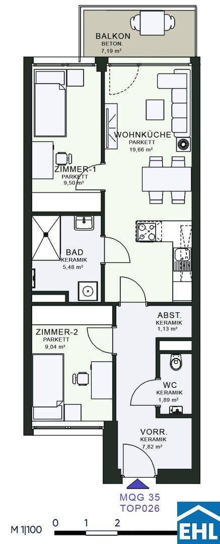 Grundriss einer Wohnung mit Balkon, zwei Zimmern, Wohnküche und separatem WC.